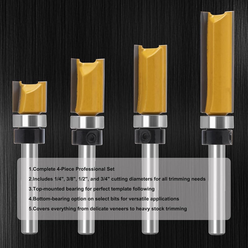 MDBTTOOLS Flush Trim Router Set for Woodworking - Cabinet, Rabbeting, Tongue & Groove(Router Bit-1/4 Inch Shank-4 pcs Straight) - Image 4